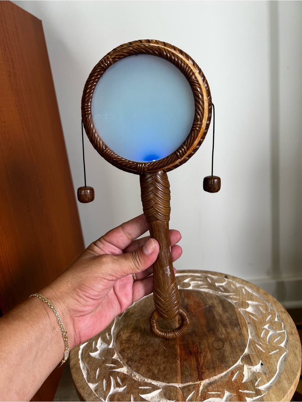 Disney Pandora World Of Avitar Handheld Brown Wood Rattle Drum with Blue Face